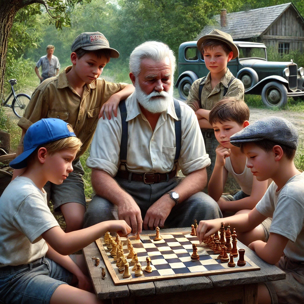 an-old-man-with-a-white-beard-and-white-hair-sitting-at-a-table-with-multiple-boys-playing-a-board-game