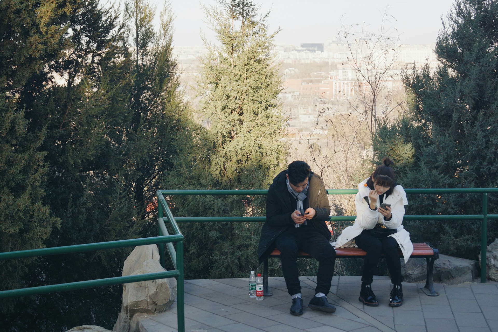 couple sitting-on-brown-bench busy looking at their phones