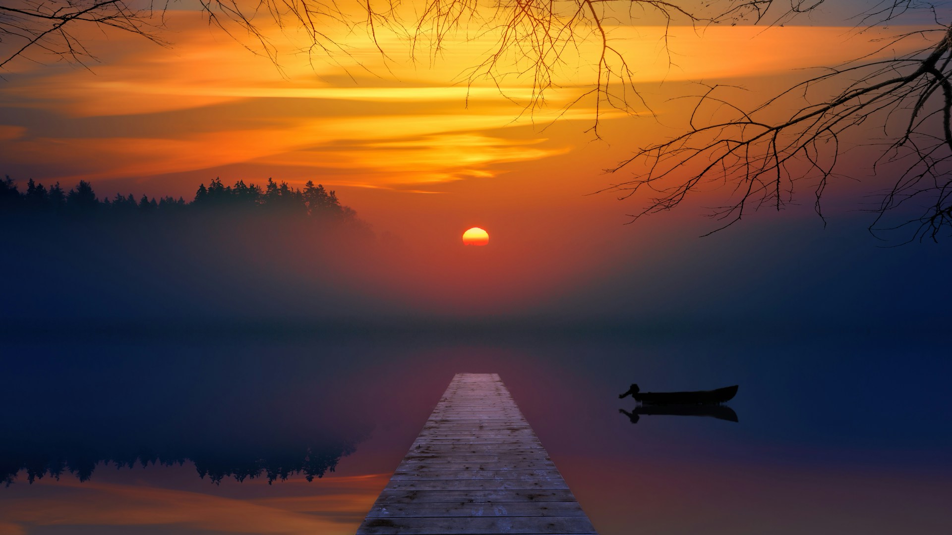 morning sunrise on lake with brown-boat-near-dock