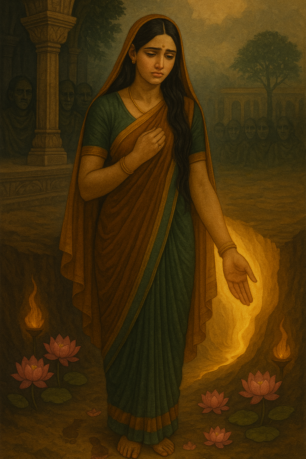 Sita choosing earth over judgment, standing between palace shadows and divine golden light