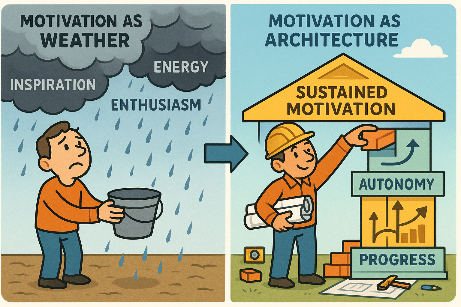 cartoon illustration showing the transformation from Motivation as Weather to Motivation as Architecture